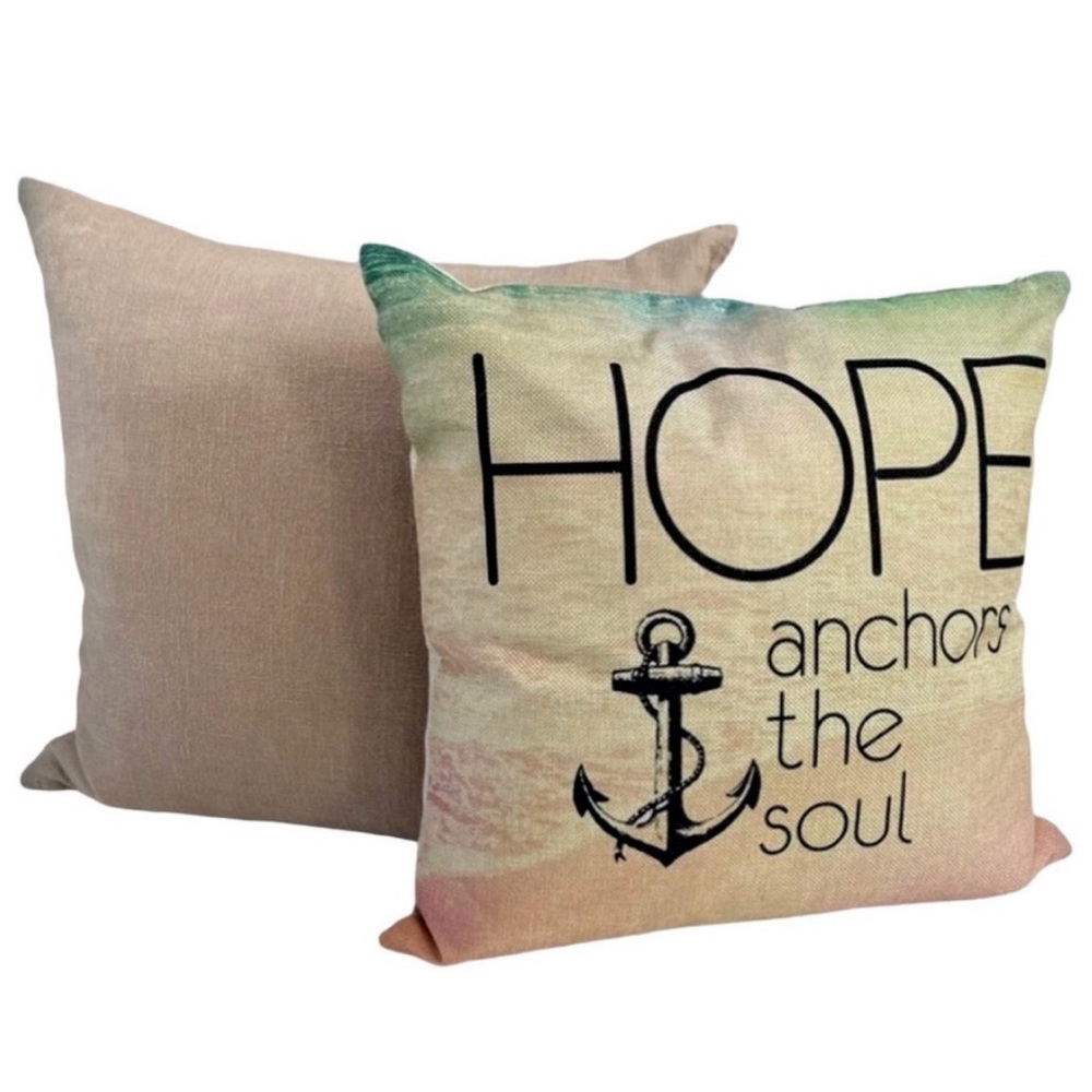 Throw Pillow Cover Bundle “Hope Anchors The Soul” Tan Teal Nautical Beach Theme